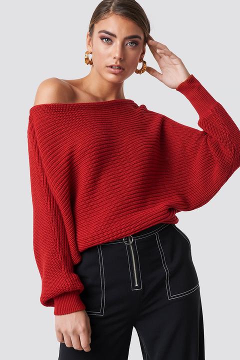 Off Shoulder Knitted Sweater Red