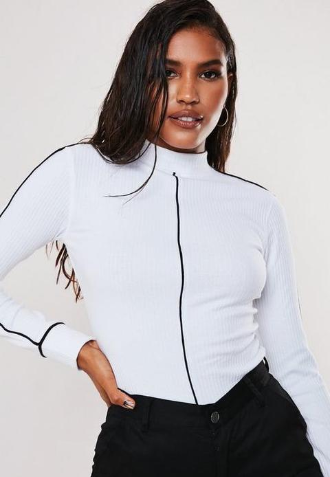 White Rib Contrast Piping High Neck Top, White