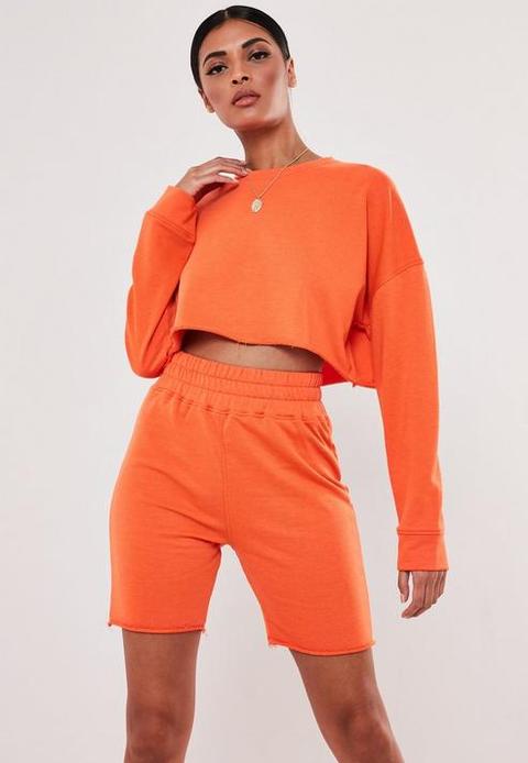 Orange Cropped Sweatshirt And Shorts Co Ord Set, Orange