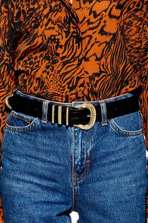 Womens Crocodile Pu Western Belt - Black, Black