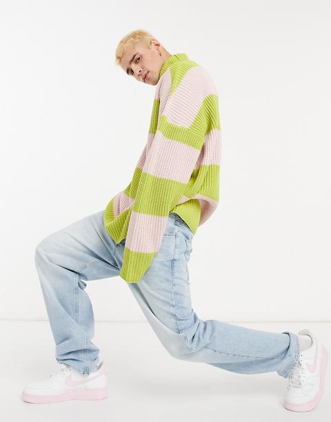 Asos Design Oversized Funnel Neck Fisherman Rib Jumper In Pink And Lime Stripes