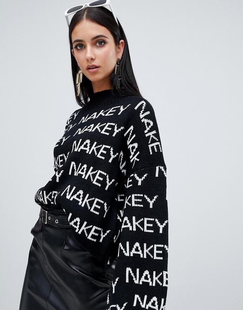 Missguided High Neck Nakey Slogan Knitted Jumper In Black - Black