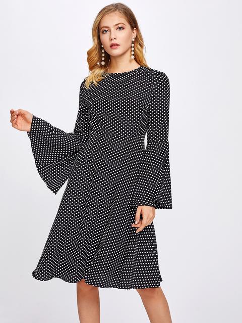 Trumpet Sleeve Polka Dot Print Dress