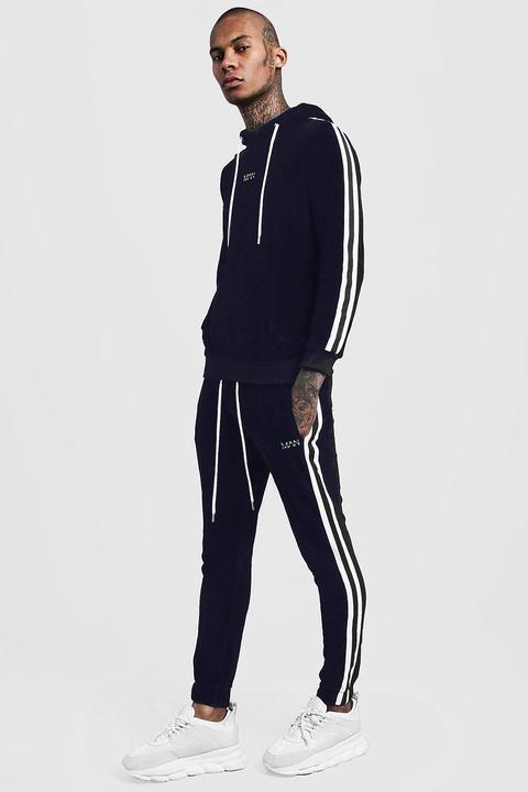 Velour Hooded Man Tracksuit With Side Tape