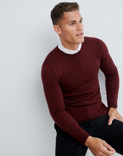 Asos Design Muscle Fit Merino Wool Jumper In Burgundy-red