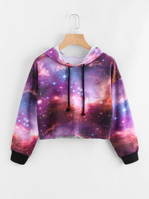 Galaxy Print Drawstring Crop Hoodie