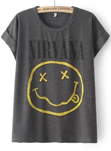 Grey Short Sleeve Nirvana Face Print T-shirt