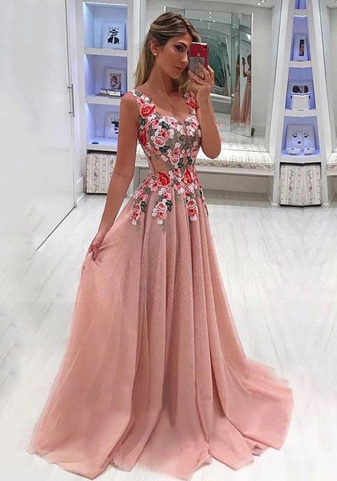 Pink Draped Appliques Embroidery V-neck High Waisted Mexican Elegant Party Maxi Dress