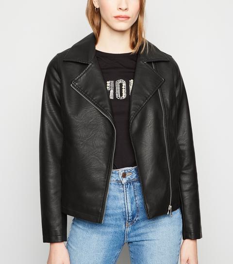 Black Coated Leather-look Biker Jacket New Look Vegan