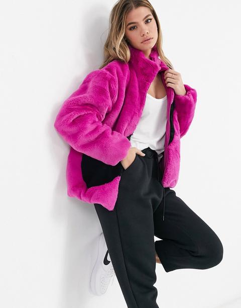 Nike Faux Fur Oversized Swoosh Jacket In Purple