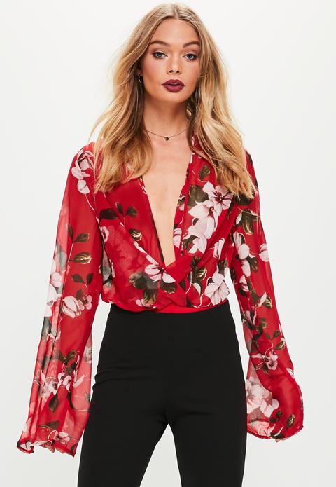 Red Floral Print Plunge Bodysuit