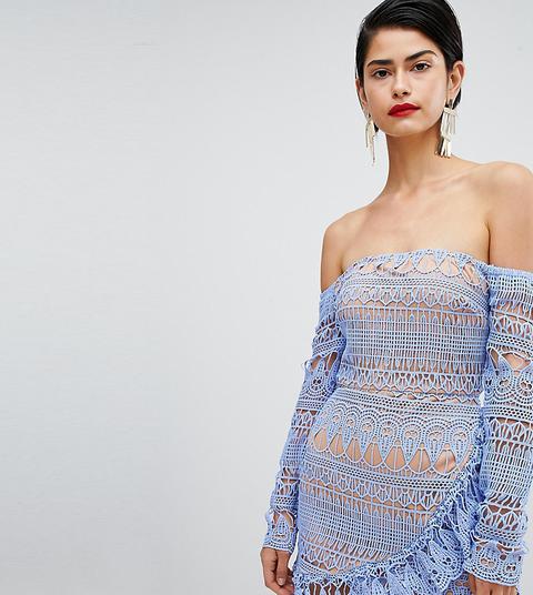 Missguided - Vestito In Pizzo Con Volant E Scollo Alla Bardot - Blu