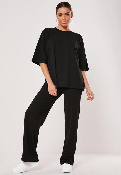 Black Rib T Shirt And Wide Leg Trousers Co Ord Set, Black