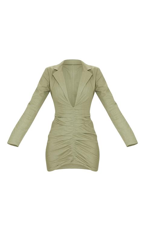 Khaki Plunge Ruched Front Blazer Dress