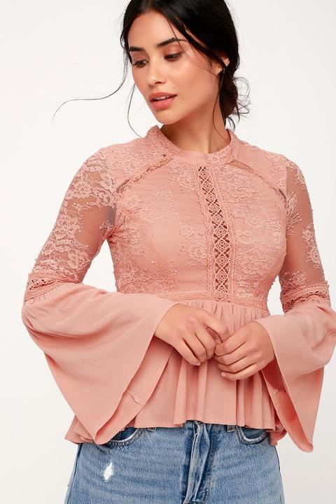 Karena Blush Pink Lace Bell Sleeve Peplum Top