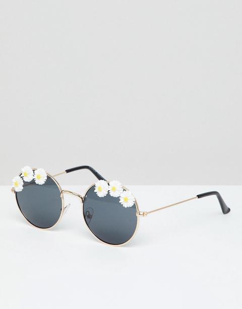 7x - Occhiali Da Sole Rotondi Decorati Con Margherite - Oro