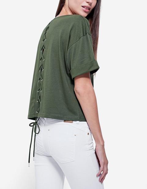 Maglietta Lace Up Sulla Schiena Verde Oliva