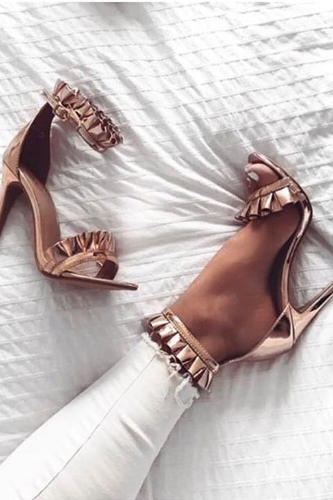 Rose Gold Metallic Frill Strap Heels - Ellia