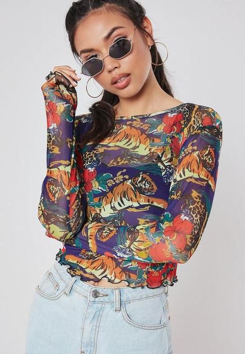 Blue Mesh Tiger Print Top, Blue from 