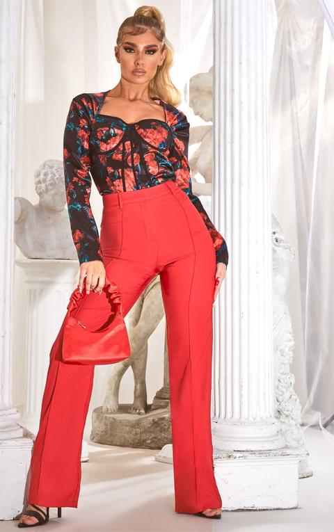 Pantalon Rouge À Coupe Droite Et Taille Haute, Rouge