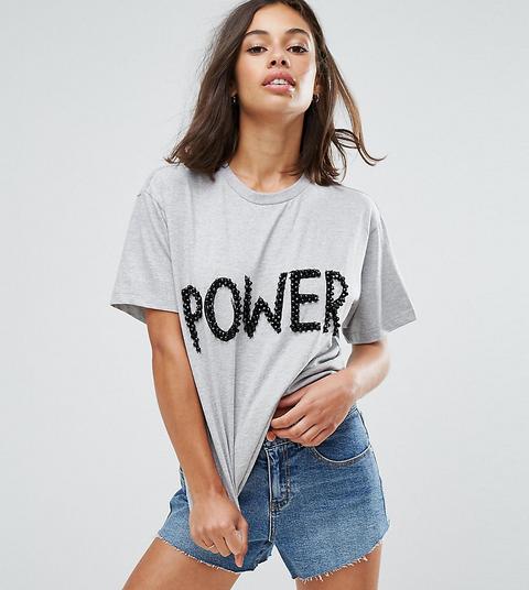 "asos Petite - T-shirt Boyfriend Con Scritta "power" Di Perline" - Grigio