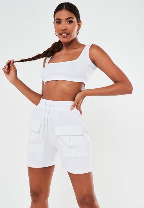 Petite White Co Ord Rib Scoop Neck Crop Top, White