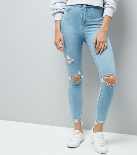 Pale Blue High Waist Ripped Fray Hem Skinny Hallie Jeans