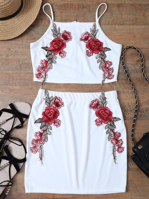 Floral Embroidered Zippered Top With Skirt