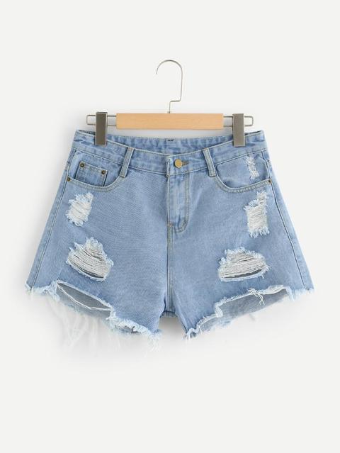 Shorts In Denim Strappati Orlo Grezzo