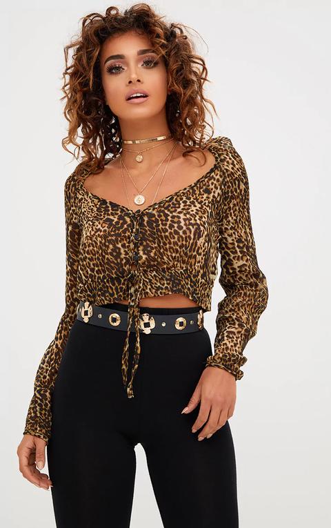 Tan Leopard Print Mesh Ruched Plunge Top, Brown