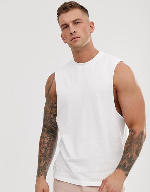 Asos Design - T-shirt Comoda Senza Maniche Bianca In Piqué Con Giromanica Ampio - Bianco