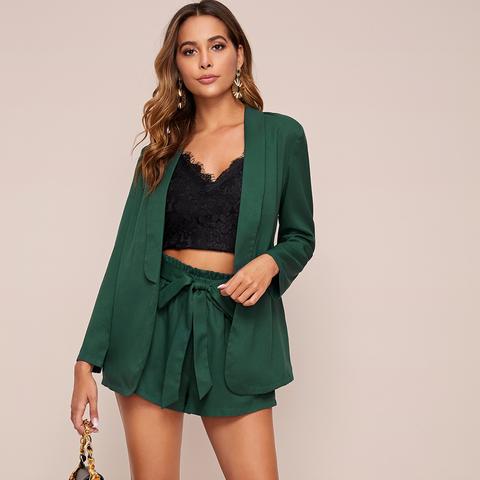 Ensemble Blazer Et Short Unicolore À Taille Froncée Avec Nœud