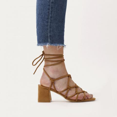 Freya Knotted Strappy Block Heeled Sandals In Tan Faux Suede