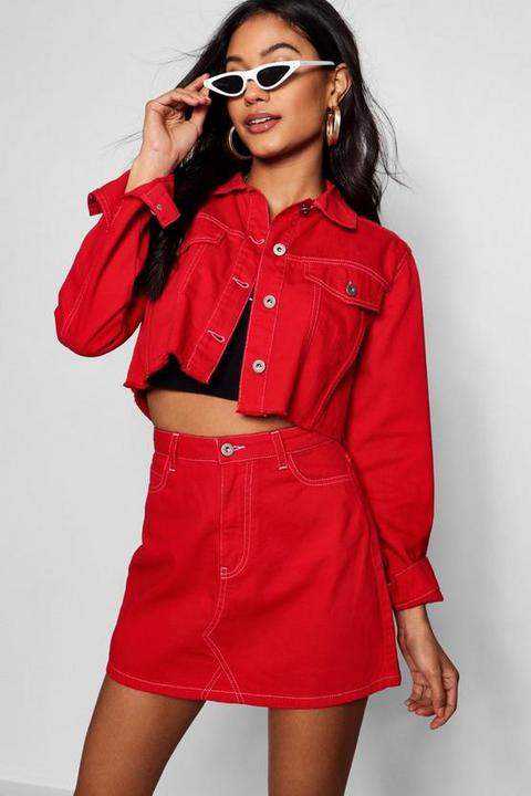 Red Distressed Denim Mini Skirt