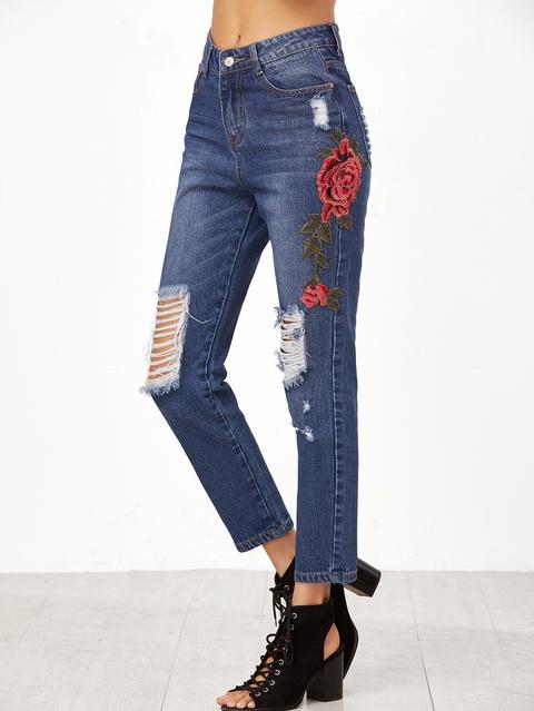 Jeans Strappati Applique Ricamati Rosa Blu