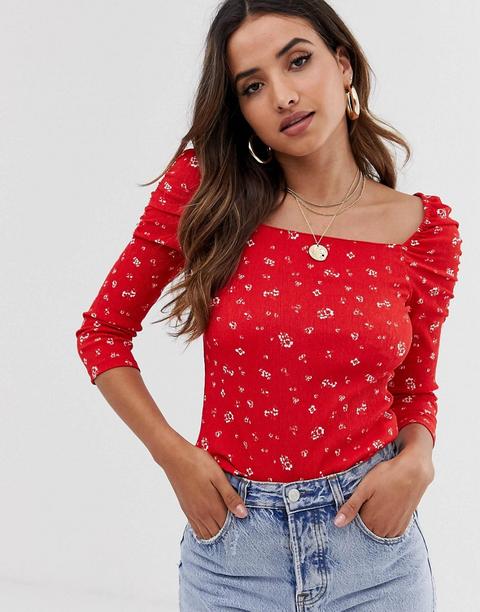 River Island - Top Rosso A Fiori Con Scollo Quadrato E Maniche A Sbuffo - Rosso