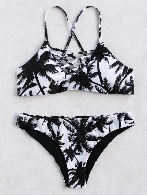 Black And White Printed Criss Cross Bikini Set