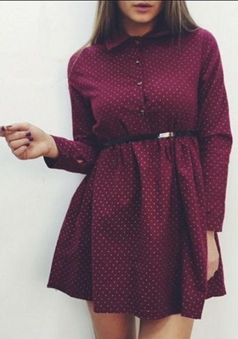 Burgundy Polka Dot Buttons Peter Pan Collar Cotton Cute Teens Mini Dress