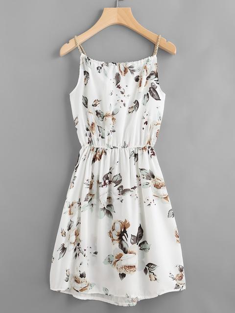 Floral Print Random Drawstring Elastic Waist Cami Dress