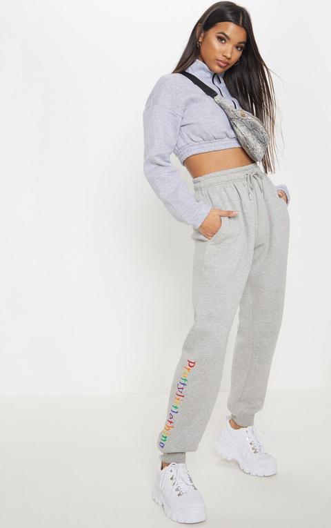 Prettylittlething Grey Multi Embroidered Joggers