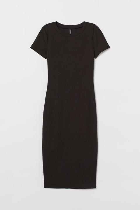 Robe En Jersey Côtelé - Noir