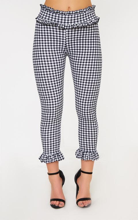 Petite Black Gingham Frill Hem Trousers