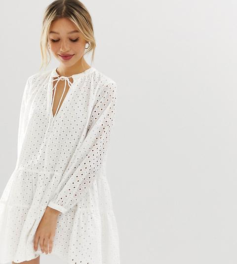 Asos Design Petite Tiered Trapeze Mini Dress In Broderie In White