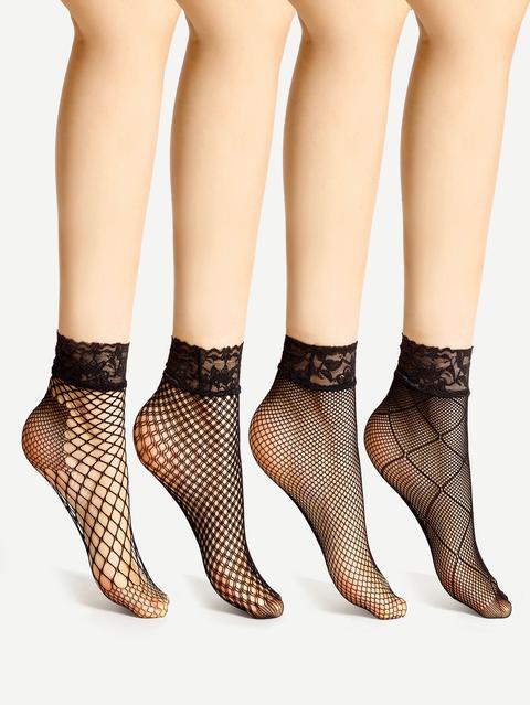 Lace Trim Fishnet Ankle Socks 4 Pairs