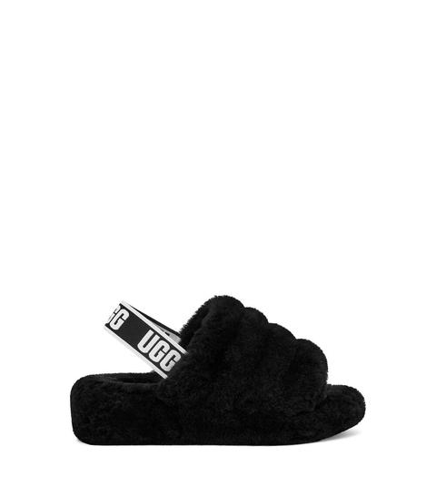 Ugg Women's Fluff Yeah Logo Slide In Black, Size 7, Shearling