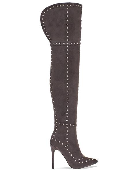 Rumours Grey Faux Suede Diamante Studded Thigh High Boots