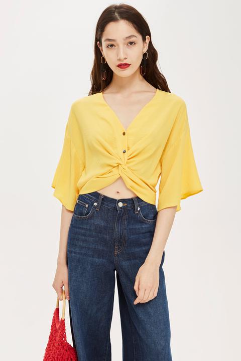 Womens Twist Front Crop Top - Yellow, Yellow