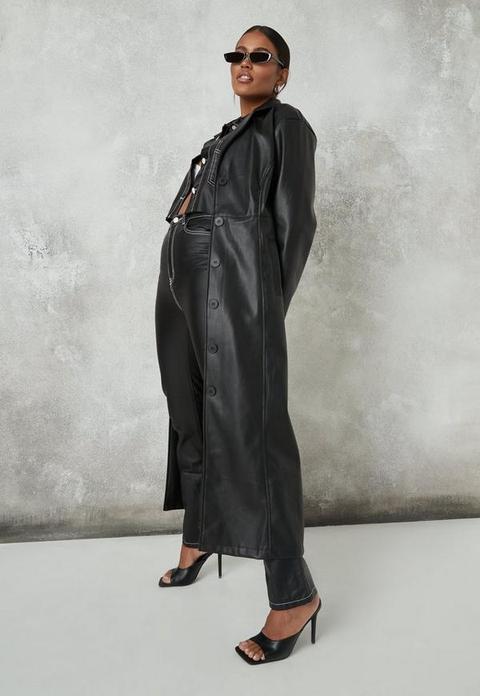 Black Faux Leather Seam Detail Maxi Coat, Black