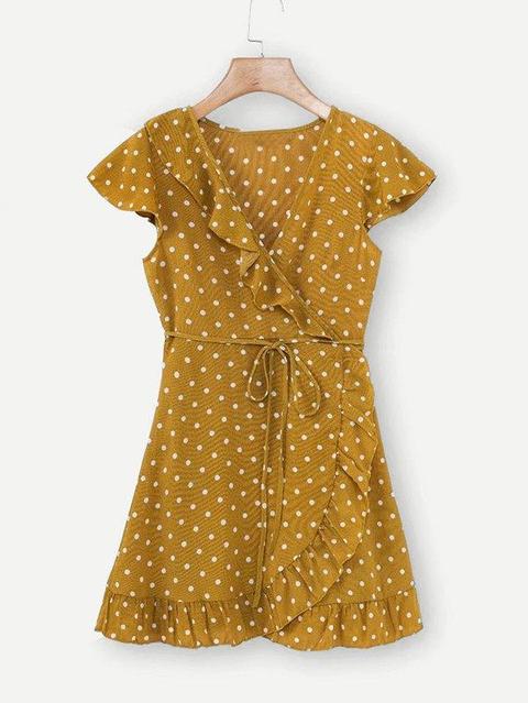 Vestido Cruzado De Lunares Ribete Fruncido