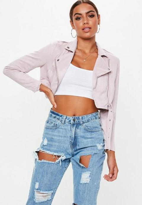 Petite Pink Suedette Biker Jacket, Mauve